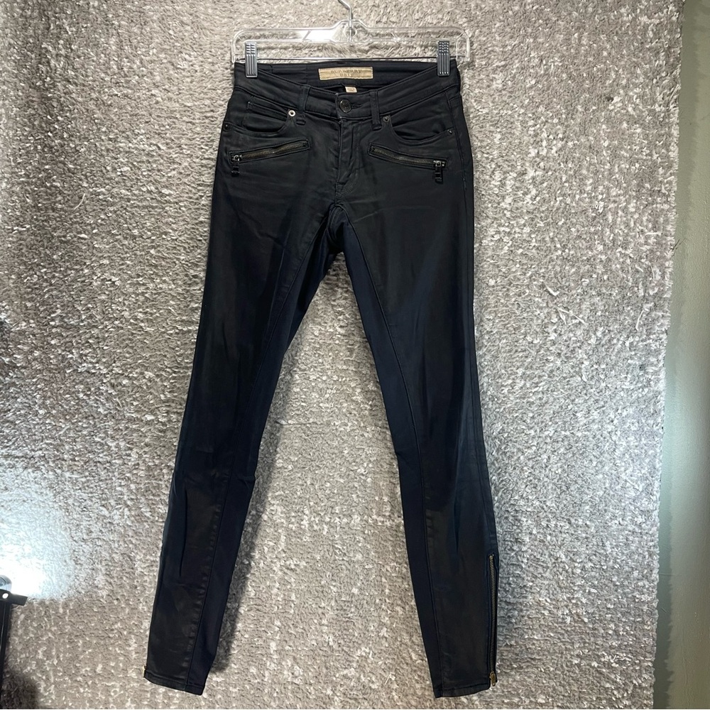 Burberry Brit Skinny Low Rise Black Jeans Size 24 Cow Grain Leather Trim READ